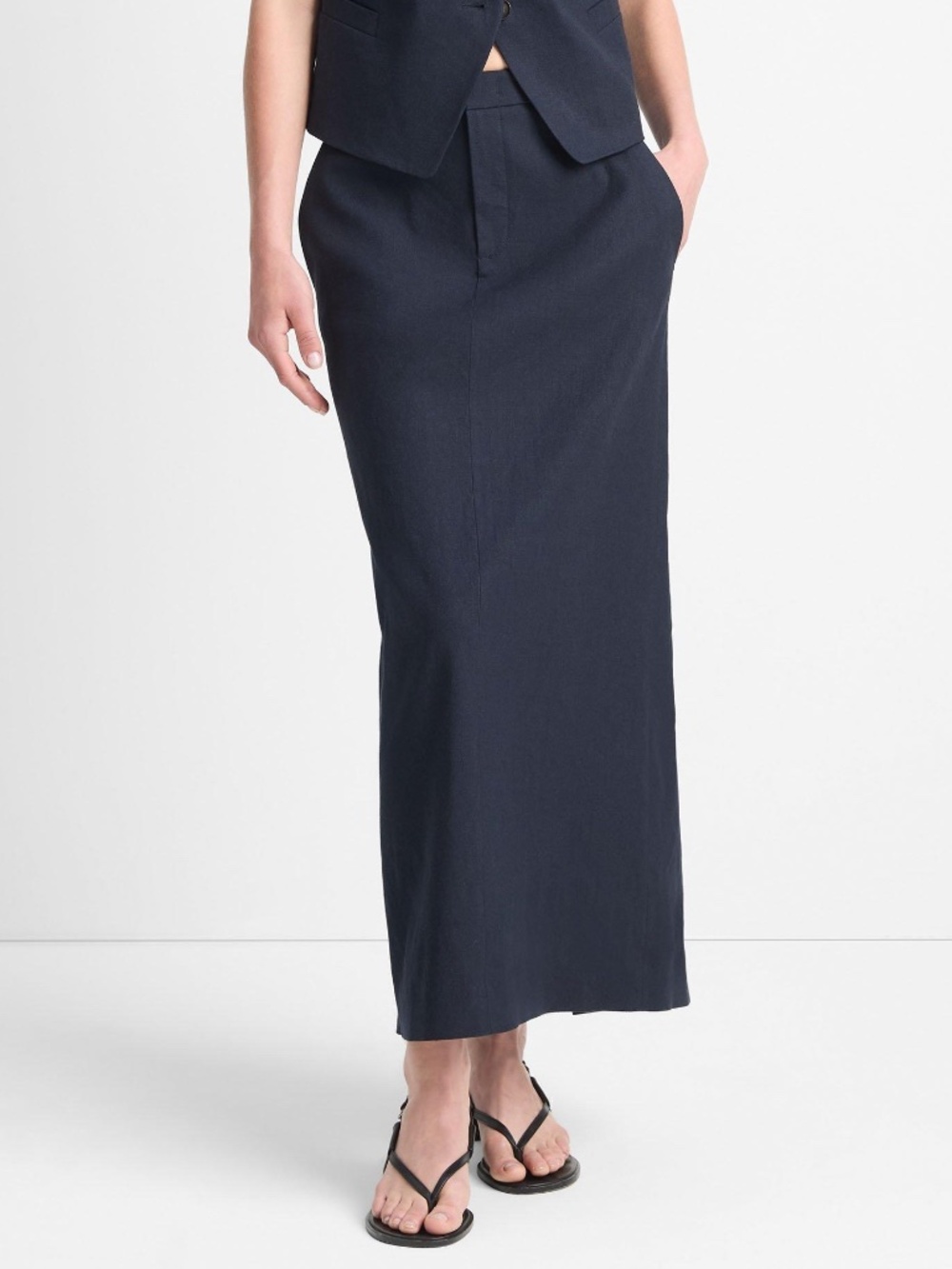 VINCE Linen-Blend Mid-Rise Maxi Column Skirt in Marina Blue Size 10